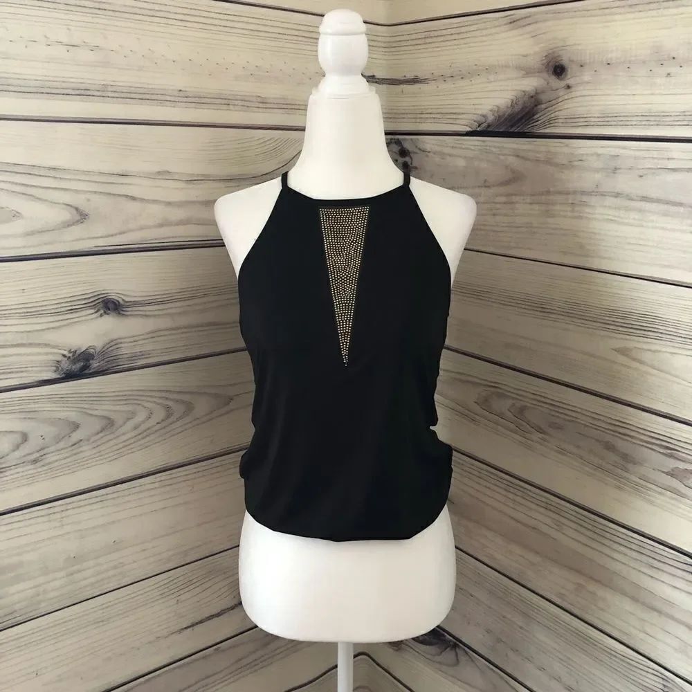 Express Black Rhinestone Sheer Panel Tank
